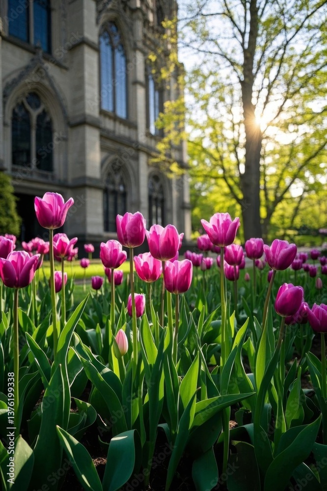purple tulips in front of a large building with a clock tower purple tulips in front of a large building with a clock tower