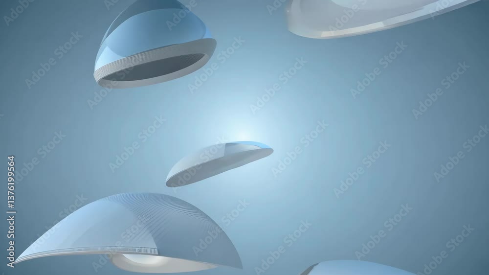 A group of blue and clear objects are floating in the air. They are all different shapes and sizes