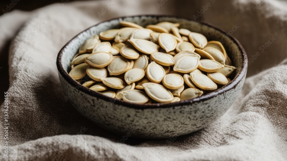 Pumpkin seeds in a rustic bowl on a soft fabric background in warm natural light Pumpkin seeds in a rustic bowl on a soft fabric background in warm natural light