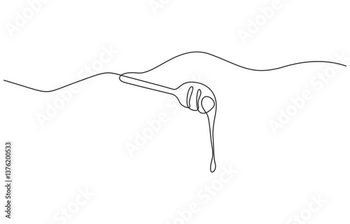 Honey dripping from honey dipper, continuous line drawing, Continuous one line drawing of honey dripping from a wooden honey dipper isolated on white background.