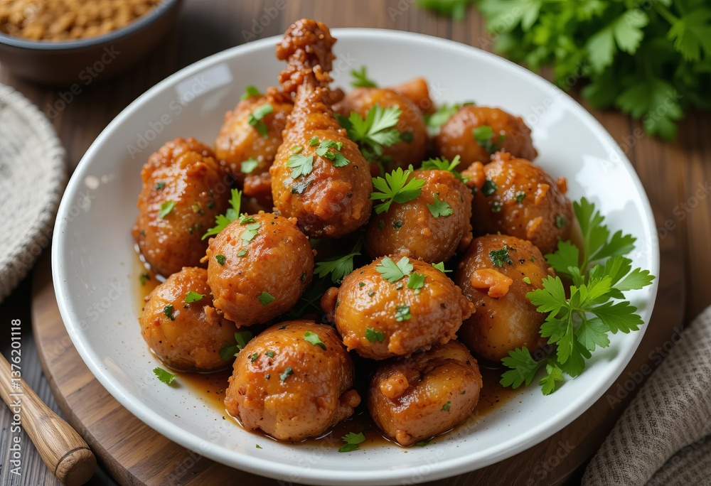 A close-up of a plate of Ayam Goreng Ketumbar (coriander fried chicken) with herbs and vegetables.