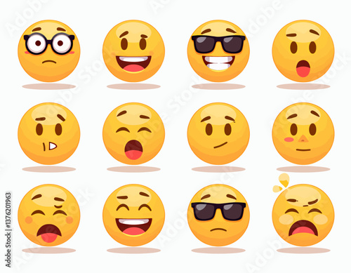 Twelve Yellow Emoji Faces with Varied Expressions