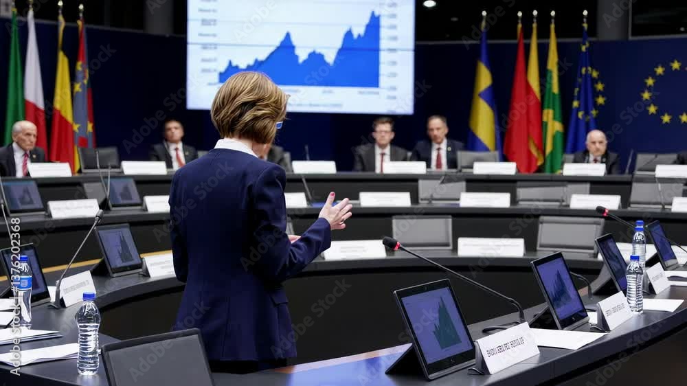 Female politician presenting data and discussing political matters at european parliament plenary session, with flags of european union member states displayed in the background
