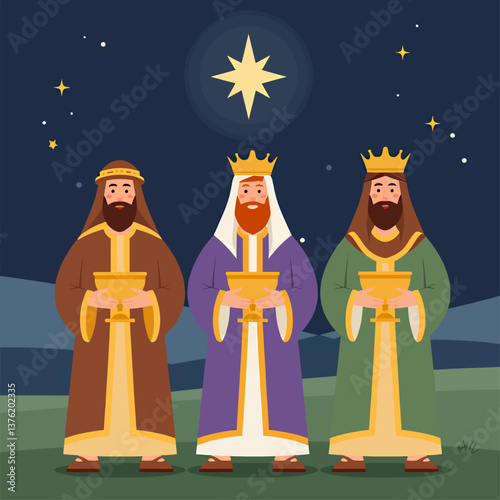 Three Kings Holding Gifts Under Starry Night Sky