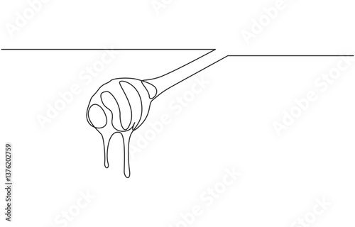 Honey dripping from honey dipper, continuous line drawing, Continuous one line drawing of honey dripping from a wooden honey dipper isolated on white background.
