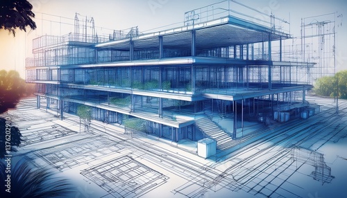 sketch design and drafting of wireframe building 3d illustration digital project visualization