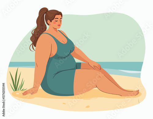 Relaxed plus-size woman in teal swimsuit on beach