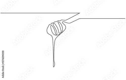 Honey dripping from honey dipper, continuous line drawing, Continuous one line drawing of honey dripping from a wooden honey dipper isolated on white background.