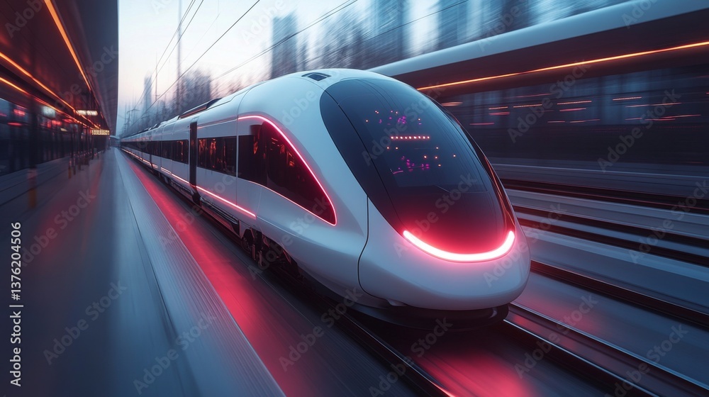 Fototapeta premium A futuristic smart train rapidly approaches the station, illuminated by vibrant lights, highlighting advancements in automation and urban mobility solutions for efficient transportation.