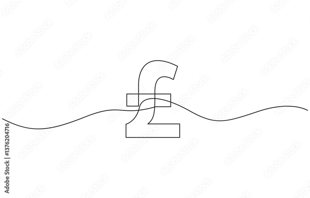 Obraz premium Continuous line drawing of pound sterling symbol. Line art of pound coin sign, British pound. One line continuous British money isolated on white background. Line art, outline, vector illustration.