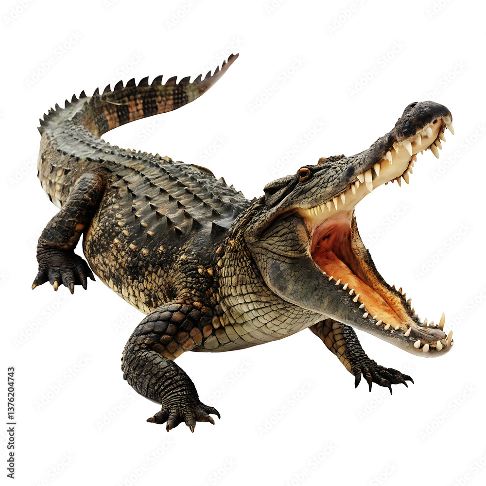 Fototapeta premium Fierce Crocodile with Open Jaws on a Black Background