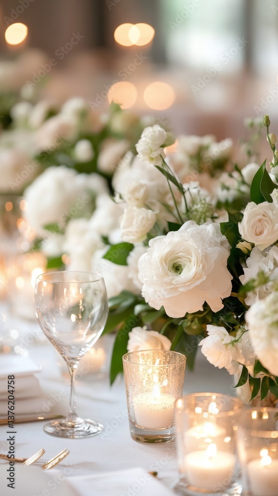 Elegant Table Setting With Floral Arrangements and Candles During a Sunset Gathering Elegant Table Setting With Floral Arrangements and Candles During a Sunset Gathering