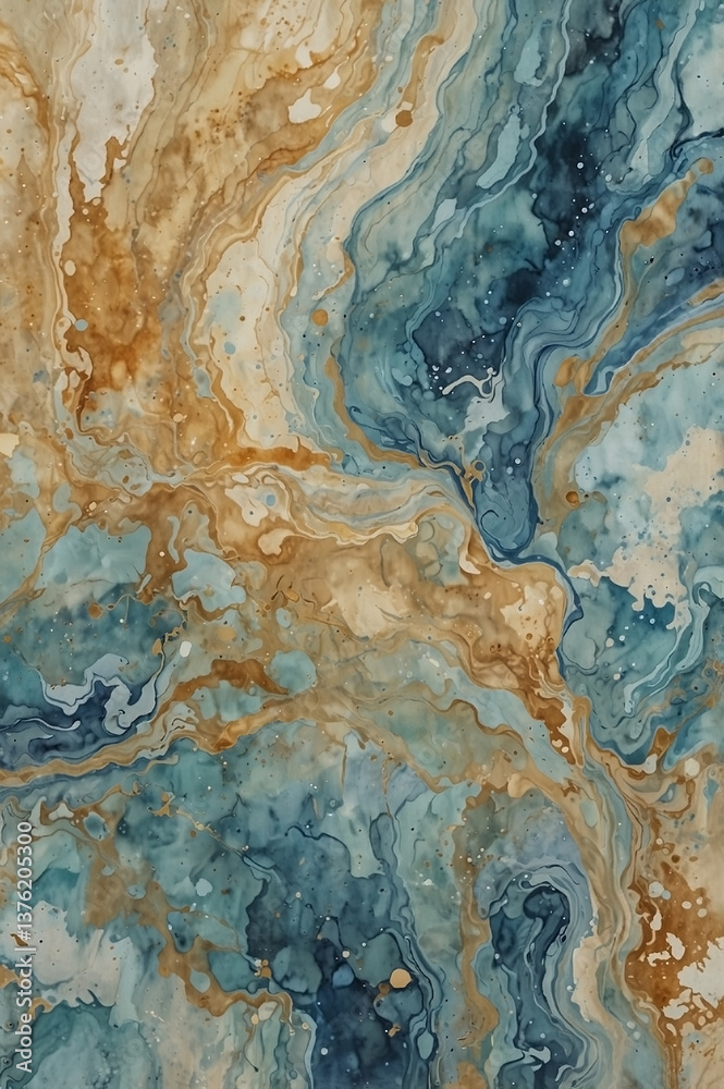 Naklejka premium Abstract fluid art texture in blue, turquoise, and ochre tones. Swirling marbled pattern resembling ocean waves and desert sands. Artistic background with organic movement and natural palette.