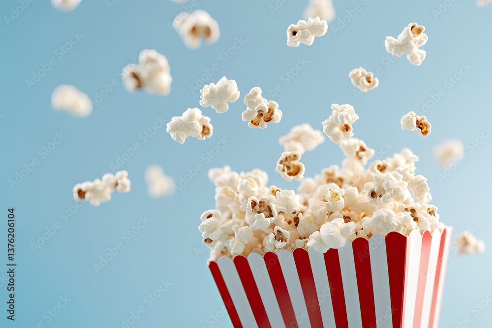Delicious popcorn bursts from striped container against bright b Delicious popcorn bursts from striped container against bright b