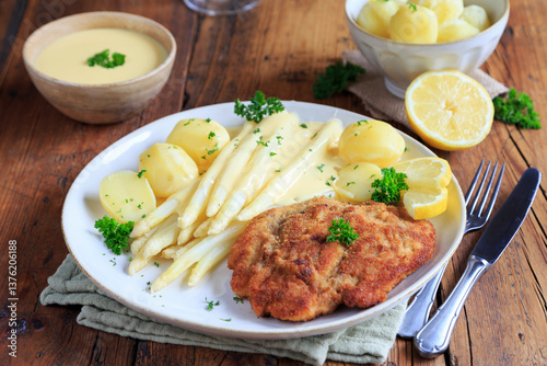 Foto Weißer Spargel mit Schnitzel und Kartoffeln