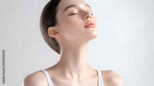 A serene woman with closed eyes and a relaxed expression, showcasing smooth skin and a minimalist aesthetic against a soft gray background.