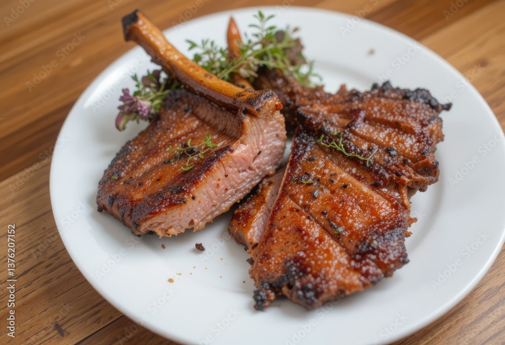 A platter of cold smoked meats, including prosciutto, salami, and pork chops, served on a wooden board. A platter of cold smoked meats, including prosciutto, salami, and pork chops, served on a wooden board.