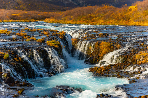 Blue Bruarfoss waterfalls in Iceland. Great tourist attraction
