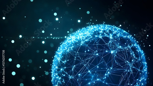 A futuristic blue sphere composed of numerous interconnected dots and lines against a dark background, symbolizing global connectivity and network technology.