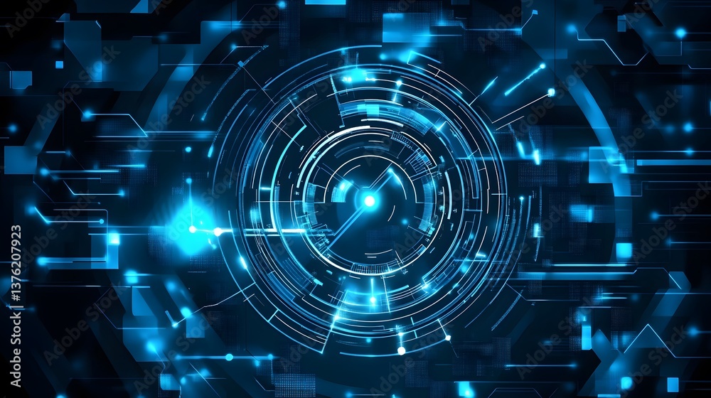 Obraz premium A futuristic digital interface with glowing blue circuits and circular patterns on a dark background, representing advanced technology and data processing.