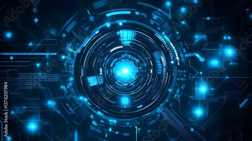 Wallpaper Mural A futuristic digital interface with a central glowing blue light and various technological elements surrounding it, suggesting advanced cyber technology and data processing capabilities. Torontodigital.ca