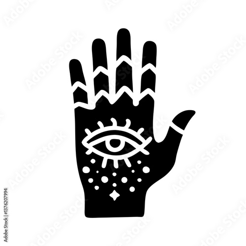 Stylish black hand illustration with an eye and cosmic patterns, symbolizing healing and intuitive readings.