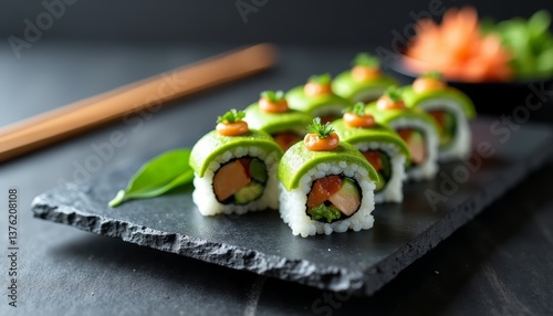 Fresh avocado sushi rolls with salmon and vegetables served on black stone plate with wasabi and chopsticks