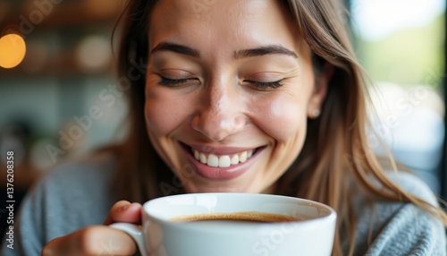 Closeup of smiling woman holding hot coffee cup with closed eyes enjoying aroma and warmth