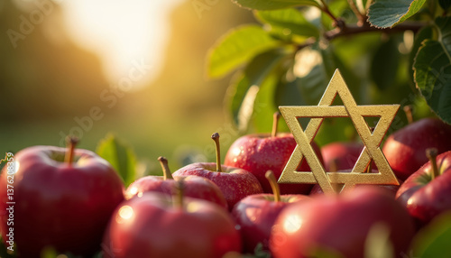 Celebration of Shavuot and Hanukkah with apples and a Star of David in a sunny orchard