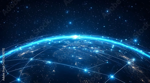 A stunning view of Earth from space at night, showcasing the interconnected global network illuminated by vibrant blue lines against a starry backdrop.