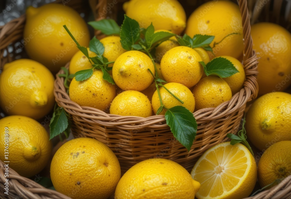 A basket filled with fresh lemons and another basket filled with fresh summer fruits. A basket filled with fresh lemons and another basket filled with fresh summer fruits.