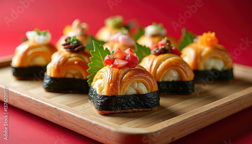 Delicious sushi art displayed on a wooden platter with vibrant toppings
