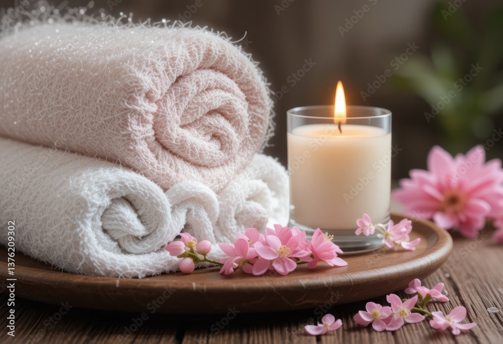 A spa treatment set up with a white wooden background, burning candles, fresh pink orchids, and spa products. A spa treatment set up with a white wooden background, burning candles, fresh pink orchids, and spa products.