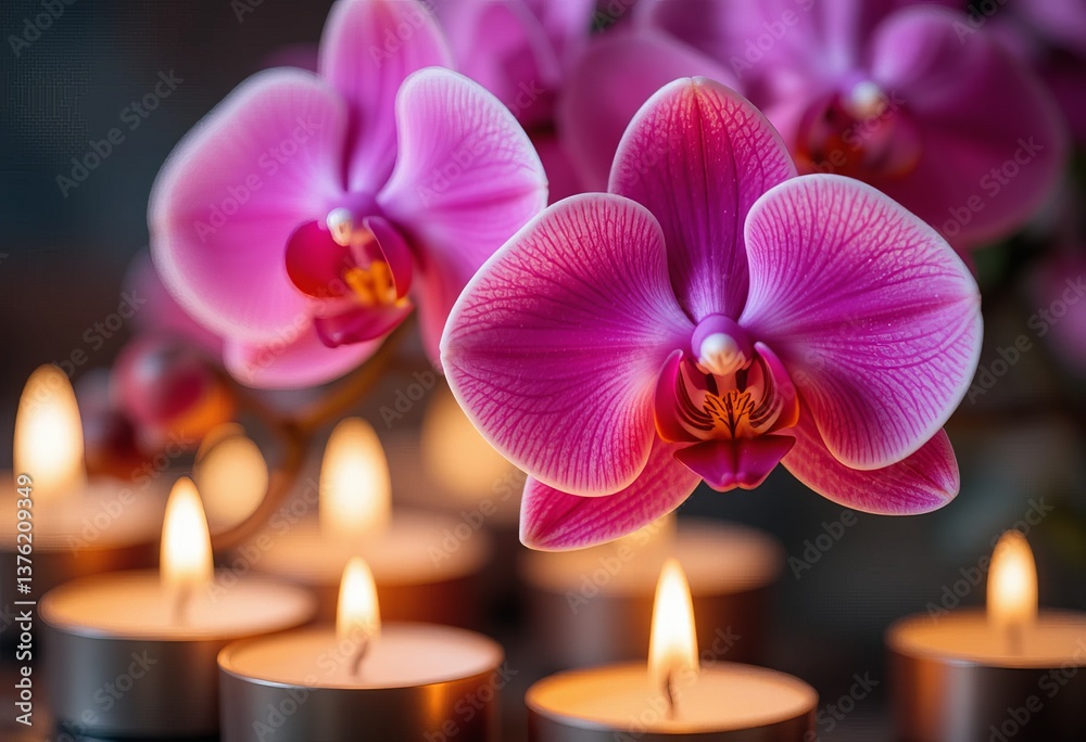 Fototapeta premium A spa treatment set up with a white wooden background, burning candles, fresh pink orchids, and spa products.