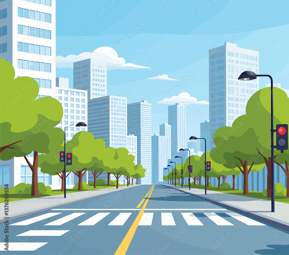 City street with crosswalk, trees, and red traffic lights