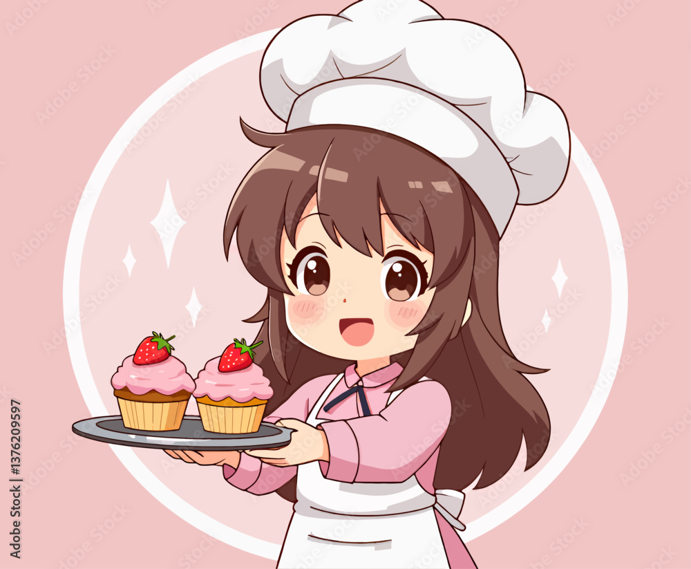 Chibi Baker Girl Holding Strawberry Cupcakes