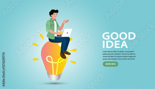 Man sitting on giant lightbulb working on laptop. Concept of digital startup innovation, executing creative ideas, smart business solution, and entrepreneur success.