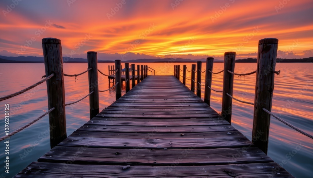 Obraz premium Wooden Dock with Sunset Reflections A rustic dock with water gently lapping against it, reflecting the sunset colors.