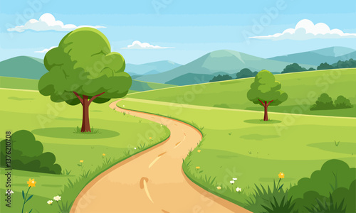 Cartoon landscape with winding dirt road and green hills