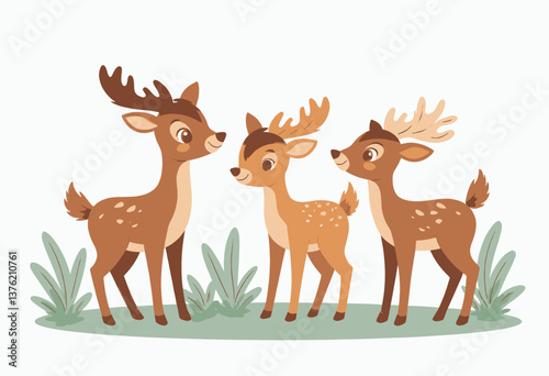 Cartoon Deer Family with Antlers in Green Grass