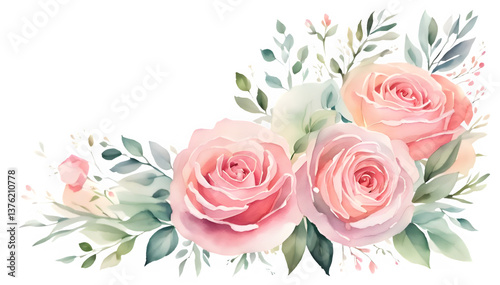 Watercolor Pink Roses Bouquet clipart, Elegant Floral Corner Arrangement, Blush Rose Botanical Composition

