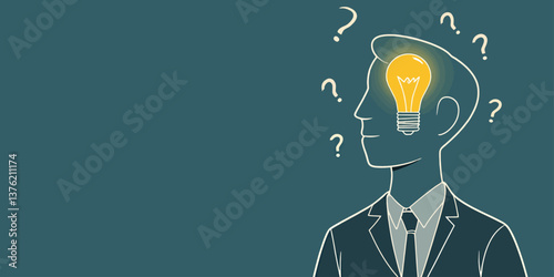 Brainstorming Businessman with Lightbulb Idea and Questions
