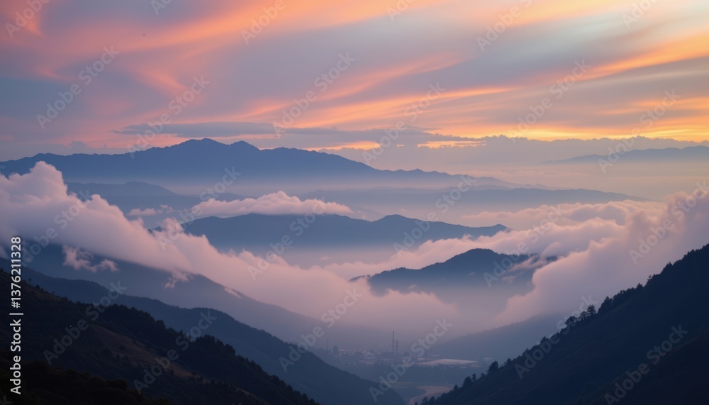 Misty Mountains at Dusk A mountainous landscape enveloped in mist with soft hues merging together at sundown. Misty Mountains at Dusk A mountainous landscape enveloped in mist with soft hues merging together at sundown.
