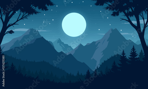 Blue Mountain Landscape Under Full Moon and Starry Sky