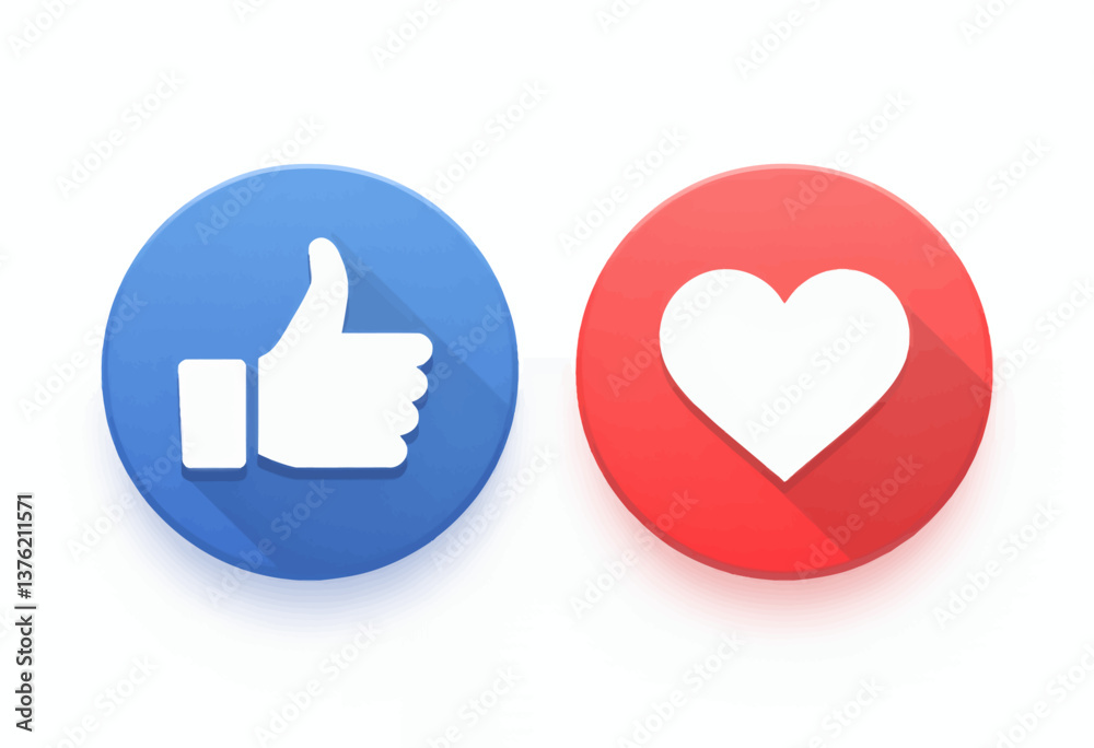 Blue Like Button and Red Heart Icon on White Blue Like Button and Red Heart Icon on White