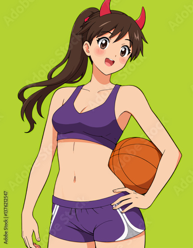 Anime girl with devil horns holding a basketball