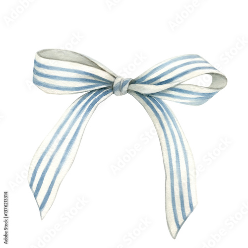 Bow white with blue stripes watercolor illustration hand drawn and isolated from the background. Elegant Bow for decor of compositions and your design