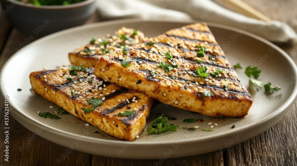 Grilled tofu garnished with sesame seeds and cilantro served on a rustic plate Grilled tofu garnished with sesame seeds and cilantro served on a rustic plate