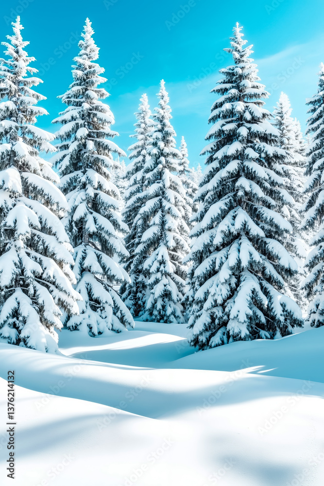 Fototapeta premium A group of snow covered trees in a snowy forest