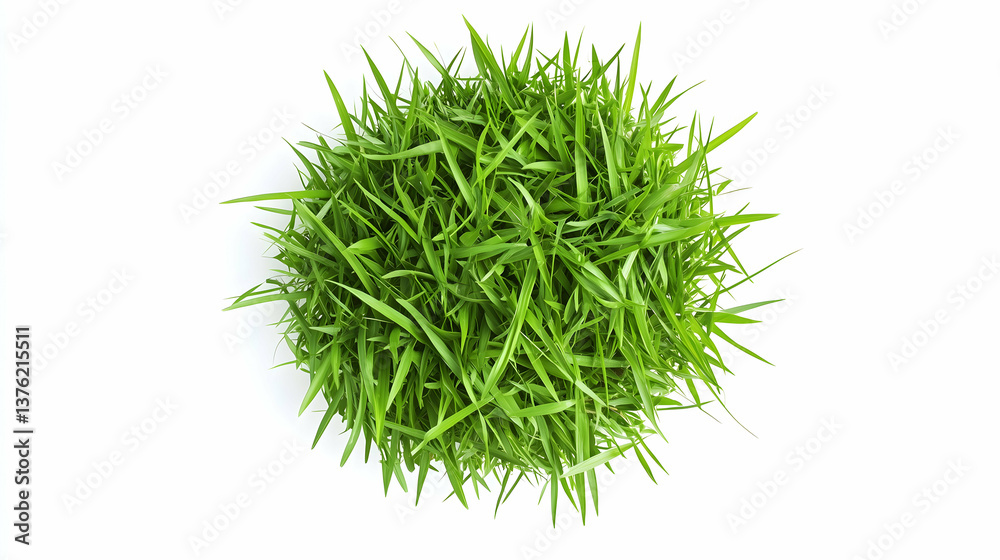 Top View of a Round Cluster of Fresh Green Grass on White Background